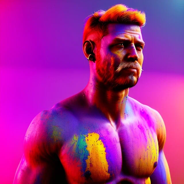 Ultra realistic portrait, color holi festival style, night scene. Naked dancer Strong man, waist up view, happy, highly detailed, concept art, unreal engine 5, god rays, ray tracing, RTX, lumen lighting, ultra detail, volumetric lighting, 3d, finely drawn, high definition, high resolution.