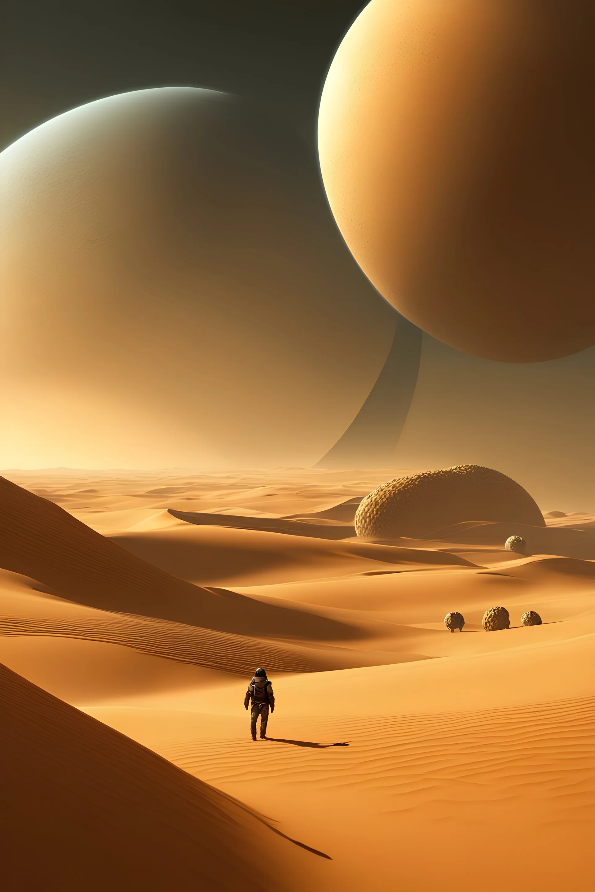 Dune-Desert Planet Arrakis: Image of a barren, sandy desert planet with two moons in the sky, conveying the harsh environment of Arrakis., Alexandro Jodorowsy Art,Juan Gimenez Art,Space Art,Sci-Fic Art,Dark Influence,NijiExpress 3D v2,Kinetic Art,Datanoshing,Oil painting,Ink v3,Splash style,Abstract Art,Abstract Tech,CyberTech Elements,Futuristic,Epic style,Illustrated v3,Deco Influence,Air Brush style,drawing