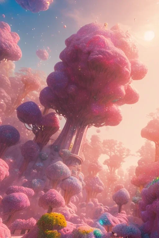 pink landsacape with multicolored crystals falling from the sky, full of details, smooth, bright sunshine，soft light atmosphere, light effect，vaporwave colorful, concept art, smooth, extremely sharp detail, finely tuned detail, ultra high definition, 8 k, unreal engine 5, ultra sharp focus