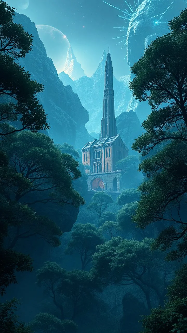 realistic photo of a landscape covered in trees that looks futuristic with futuristic lighting, ancient tower building in the middle