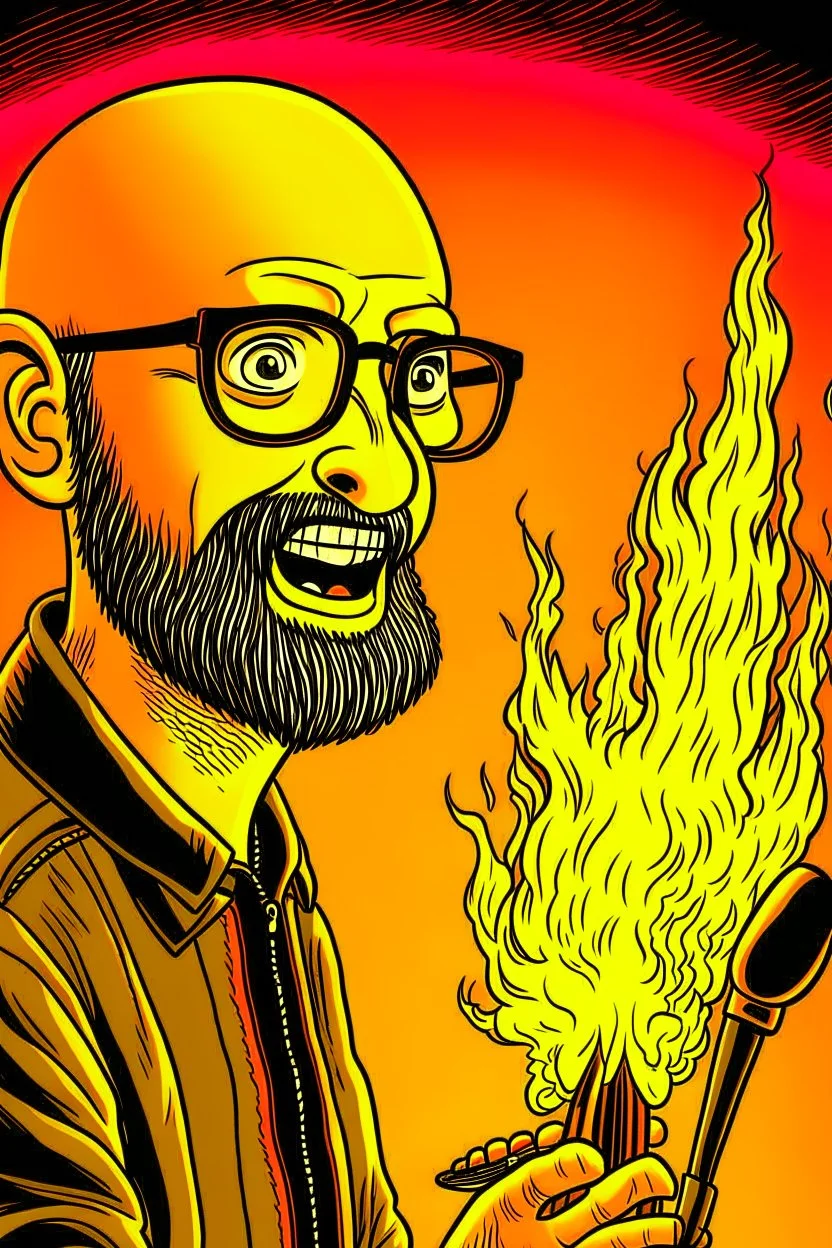 Firestarter animateur radio hardrock with a microphone. He has no hair. He has a thin beard. Je has glasses. He's about 50 years. Seems angry. Flames all around