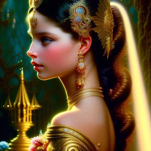 hyperdetailed oil on canvas, young Georgina Chapman by a temple fountain, beautiful, detailed face, long dark hair, surrounded by luminous colorful sparkles, airbrush, depth of field, Octane Render, by Gaspar Camps, Maxfield Parrish, Alphonse Mucha, Cyril Rolando, volumetric lighting, dusk, 16k