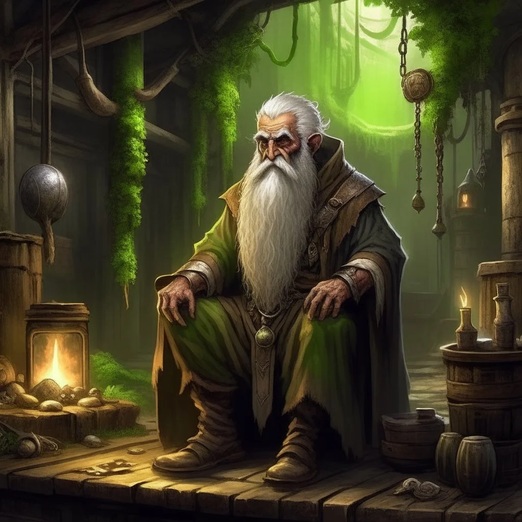 confused old druid in industrial setting fantasy art