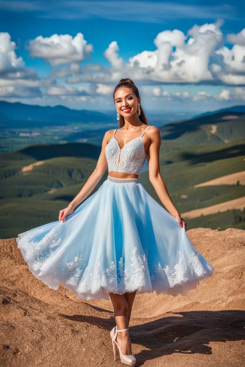 full-body closeup shot of a young, beautiful girl with a perfect face and makeup,wearing pretty dance dress standing in a stage in open air nice hills , blue sky ,pretty clouds at distant