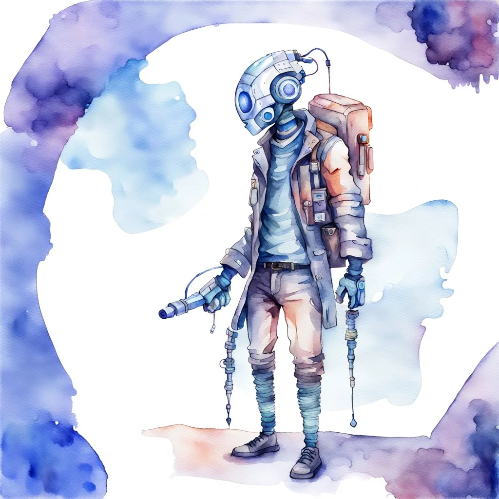 Male cypebpunk character connected to AI exploring other AI - Watercolour and Watercolour Painted Style - Jenny Rainey Style