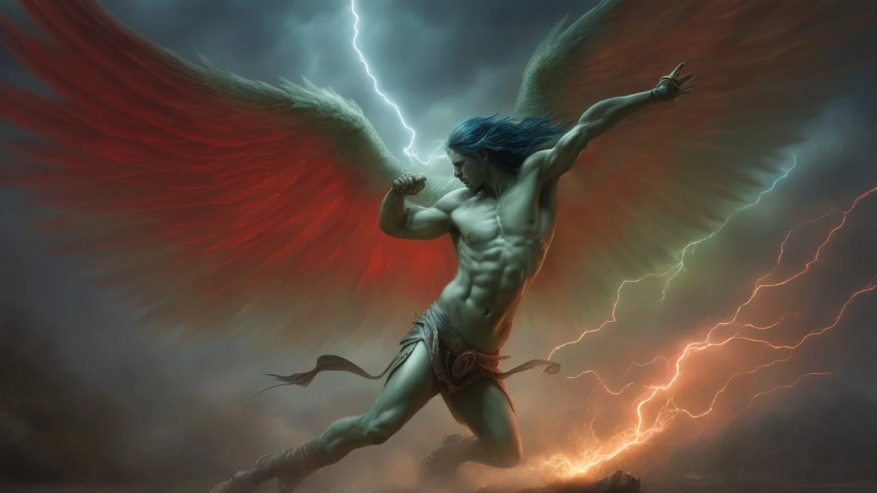 a powerfull angel fighting a demon. huges wings. blues, green and red lightning. perfect arms and hands, gloves, transparent nail polish. exquisite realism, a masterpiece, fantasy concept art, dynamic lighting, hyperdetailed, intricately detailed, deep color, volumetric lighting, Epic cinematic brilliant stunning intricate meticulously detailed dramatic atmospheric maximalist,