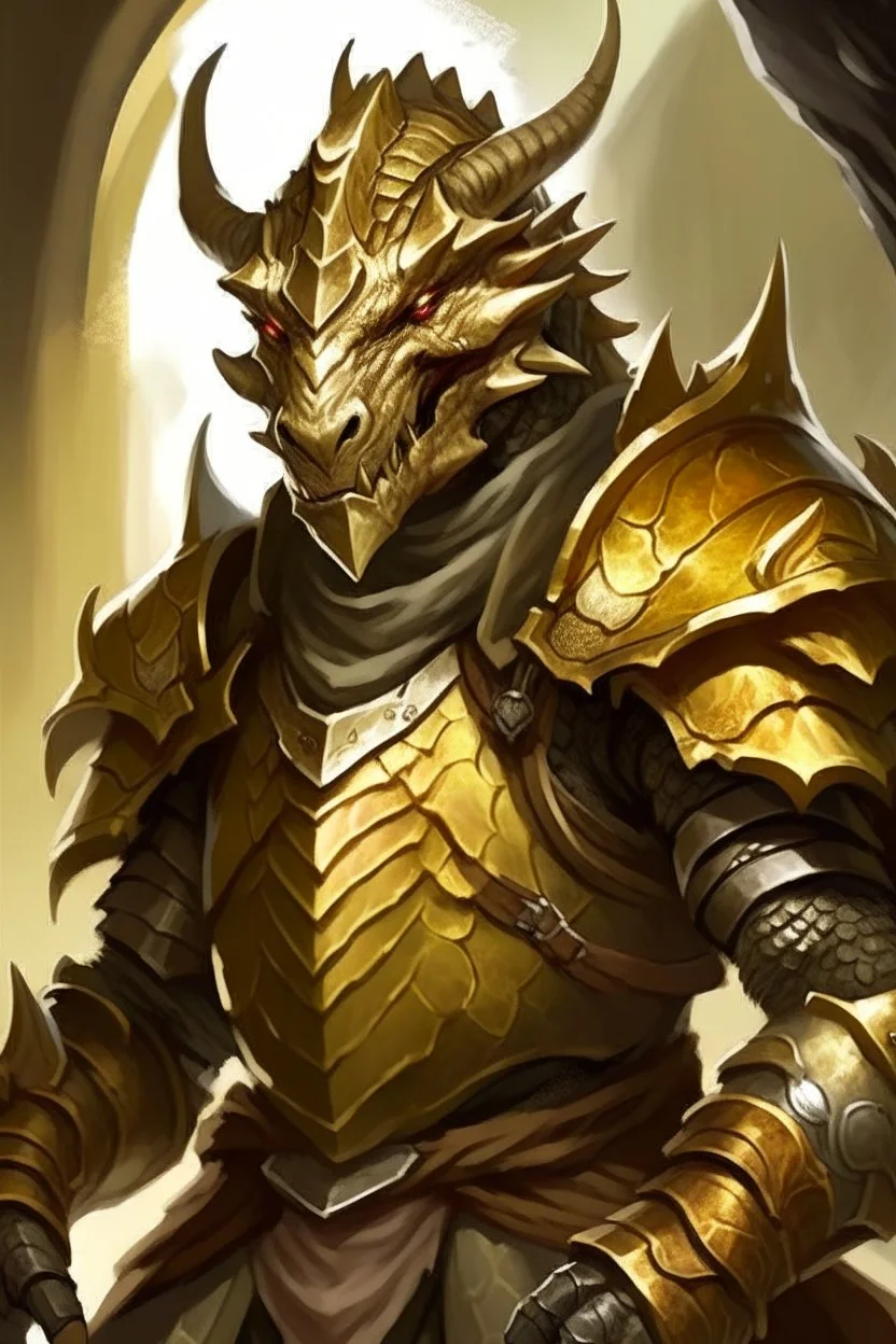 Golden Dragonborn DnD, Paladin, Old, friendly expression, wearing iron chainmail armor