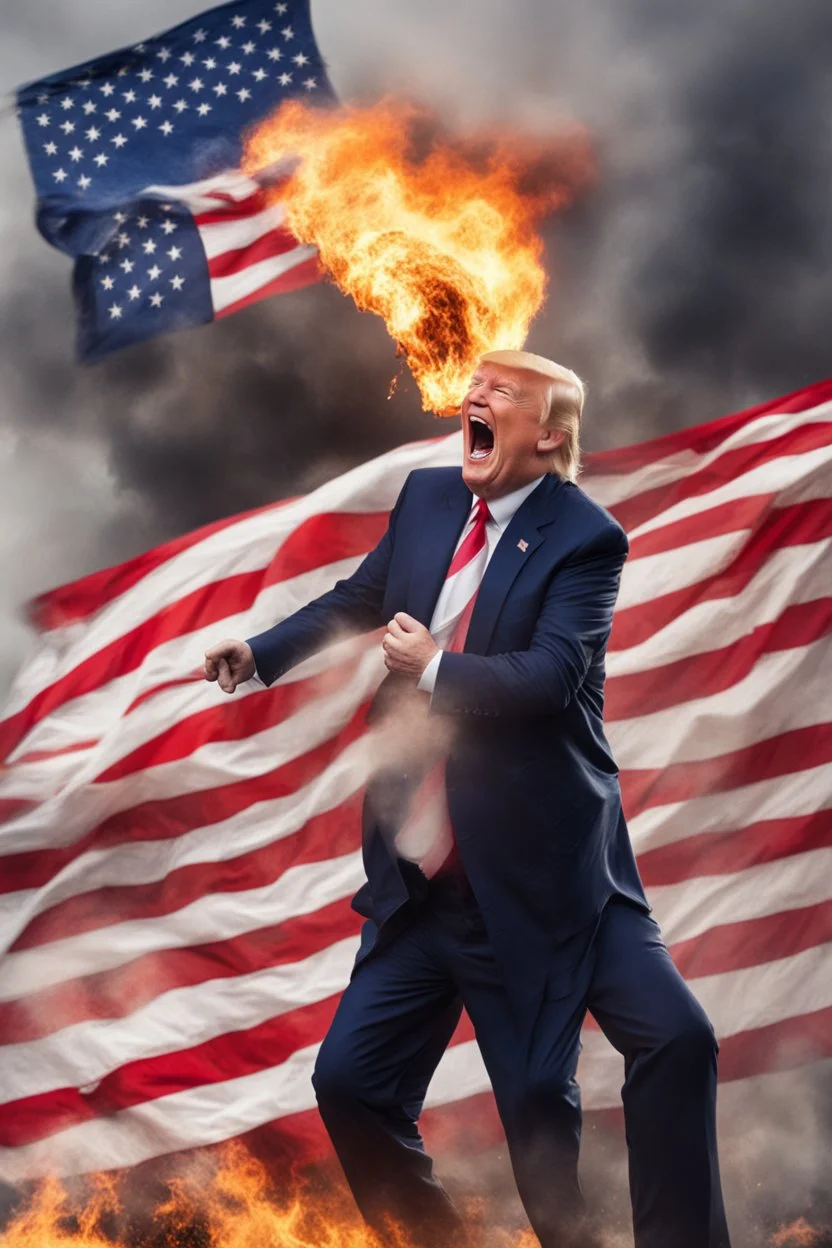 donald trump maniacally laughing, burning the american flag