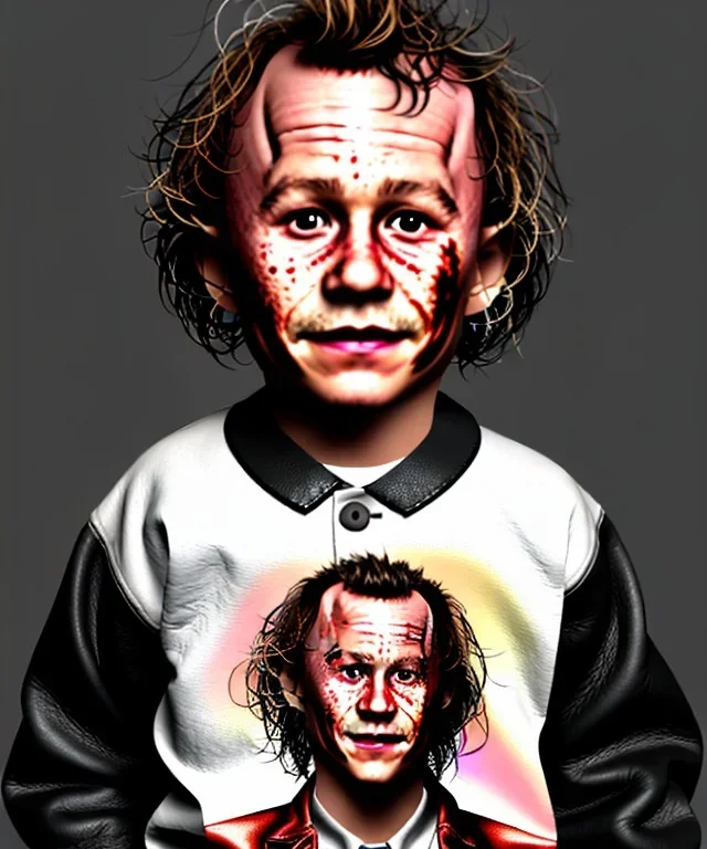 Heath ledger toddler, full body, sneaker, leather jacket, floral shirt, soft skin, dramatic lighting, hyper realistic