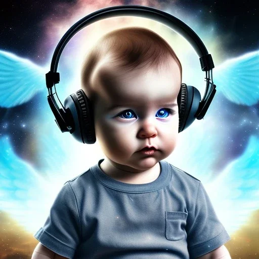 a happy human baby deaf math genius called sander with hair,halo, wings, drinking, sitting in chair, photo realistic spray painting, unified theory background