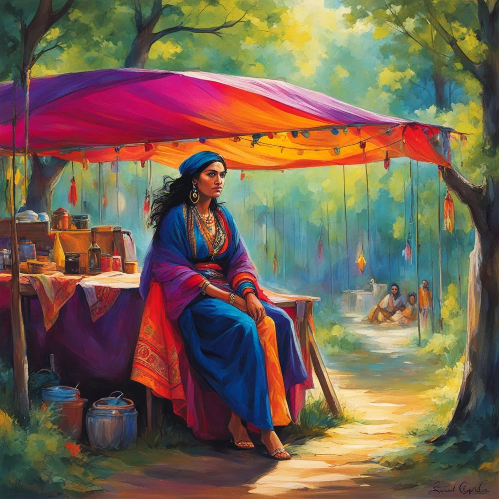 In the heart of a bustling Gypsy encampment Svetlanathe charismatic Gypsy Leader, sits beneath a brightly colored canopy. Her dark eyes, filled with wisdom and authority, scan the surrounding commotion. As the Gypsy Guide, Raul, approaches her with a determined stride, she senses his urgency and beckons him to join her.