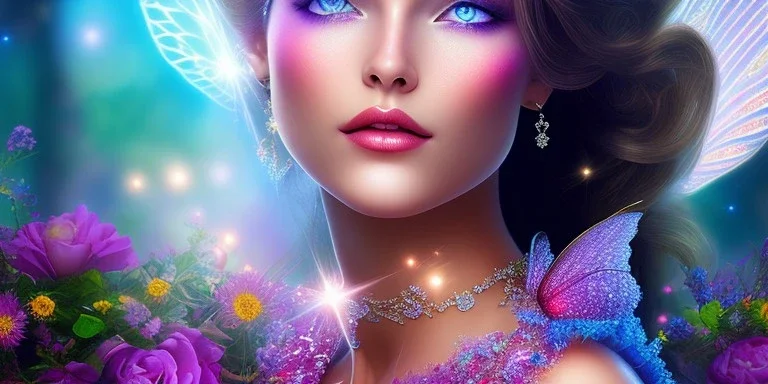 bright fairy, beautiful portrait, flowery landscape