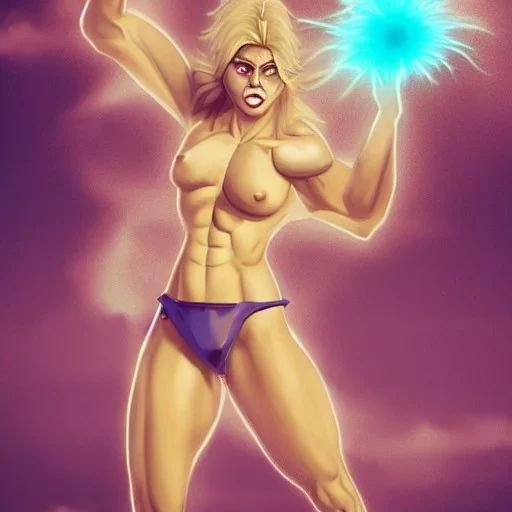 Completely naked,female,werewolf,athletic,muscular,spiky hair,electricity eyes,holding two lighting bolts, levitate,in the clouds