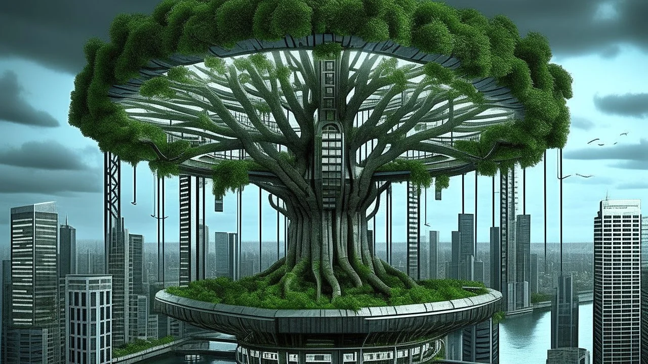 the last tree, city of the future year 4222, portal to space, very realistic,