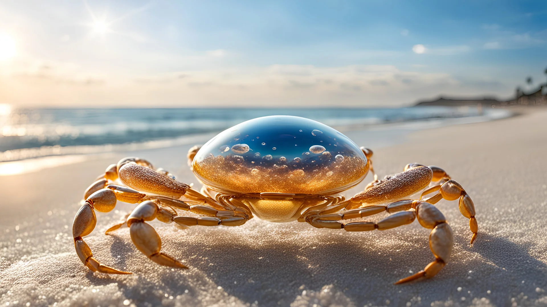 photorealistic fully transparent unusual crab completely made of soap bubbles, highly detailed, on the beach in front of the ocean, perfectly rendered