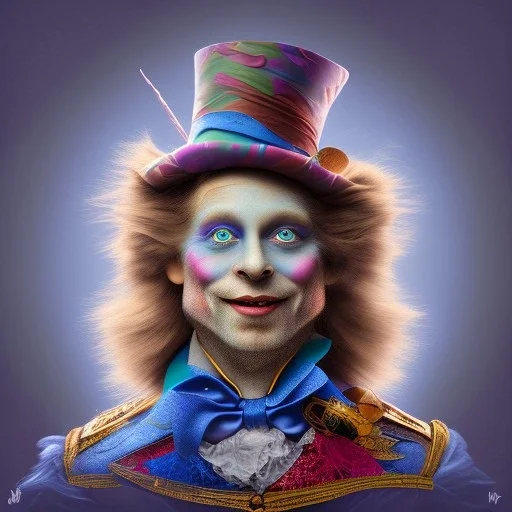 "Mad Hatter" book young man character of "Alice in the wonderland".Detailed face, detailed eyes, blue eyes, Realistic lighting,, elegant dress,sarcastic smile,big red and green top hat,.behance contest winner, generative art, baroque, intricate patterns, fractalism, movie still, cartoon.style by Disney,Chie Yoshii,earnst haeckel,james jean.