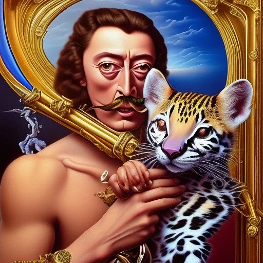 Salvador Dali with his pet ocelot Babou , hypperealism , surrealism , outlandish , extreme, high definition , high detailed, vivid deep colours,triple colors complex, oil on canvas ,8k portrait,sharp,beautiful faces ,elegant , focus, close up, fantasy view ,masterpiece, by Salvador Dali .