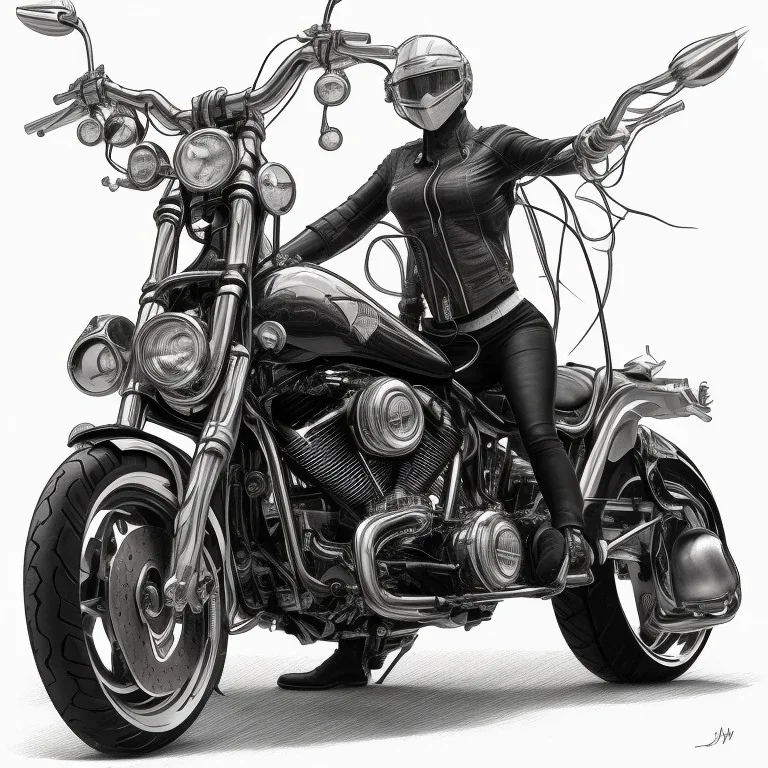 technical concept study, pencil sketch, harley davidson, A gill sitting on a motorcycle ,From the side