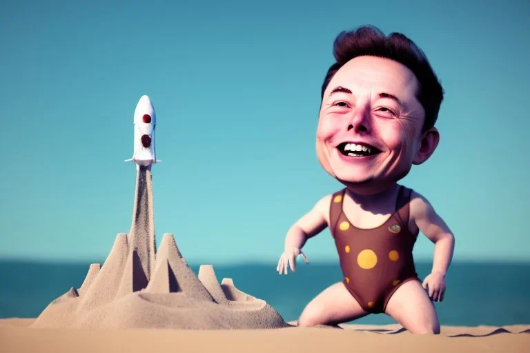 Elon musk as a Happy baby building a Very tall rocket-shaped sandcastle on the beach. He is wearing a polkadot swimsuit