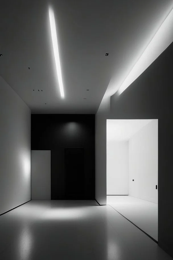 Black veined walls and a white floor with a rectangular reception and hidden lighting