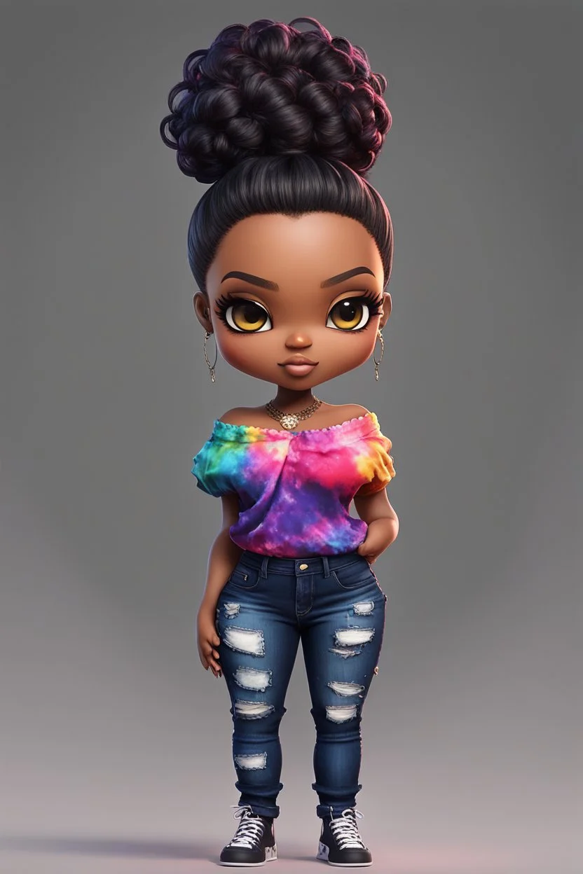 create a colorful abstract digital art image 8k of a chibi curvy black female wearing torn jeans pants and a black-tie dye off the shoulder blouse. Prominent make up with hazel eyes. Highly detailed high bun in her hair