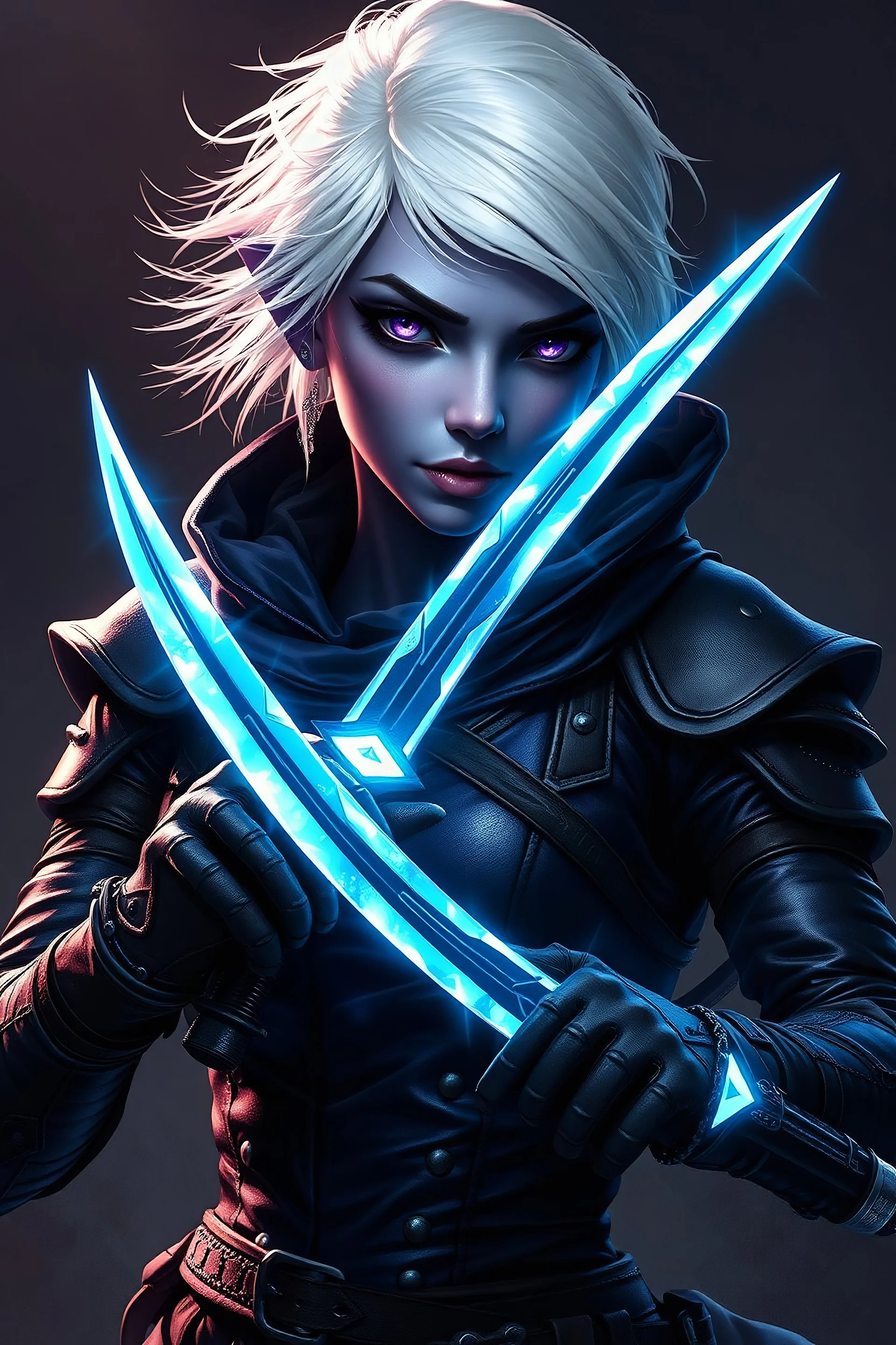 female Drow rogue from dungeons and dragons, her skin is of the darkest Lilac almost black, white short hair, undercut, piercing violete eyes, wind like hair, wearing hot leather clothing that also looks studded, realistic, digital art, high resolution, strong lighting, she holds two energydaggers made from light blue psychic energy which are curved