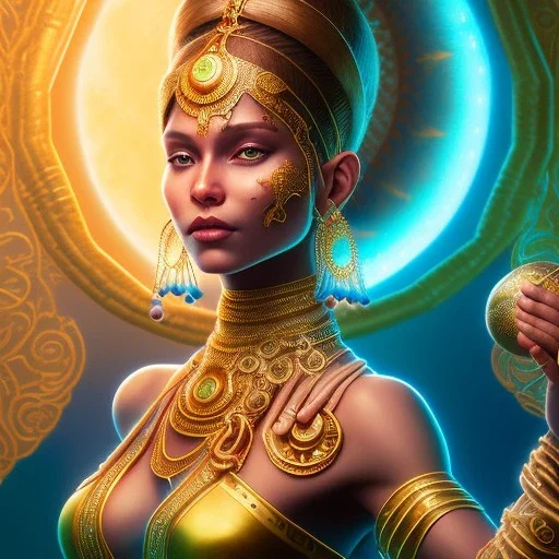 dhalsim as gypsy woman , yoga artist on a boat in the air, maze background , levitated lab equipment, 4k, Highly Detailed, Masterpiece, perfect eyes, Digital Illustration, Cinematic Lighting, Realistic, Sharp Focus, Centered, Beautifully Lit, Bioluminescent by Stanley Artgerm Lau