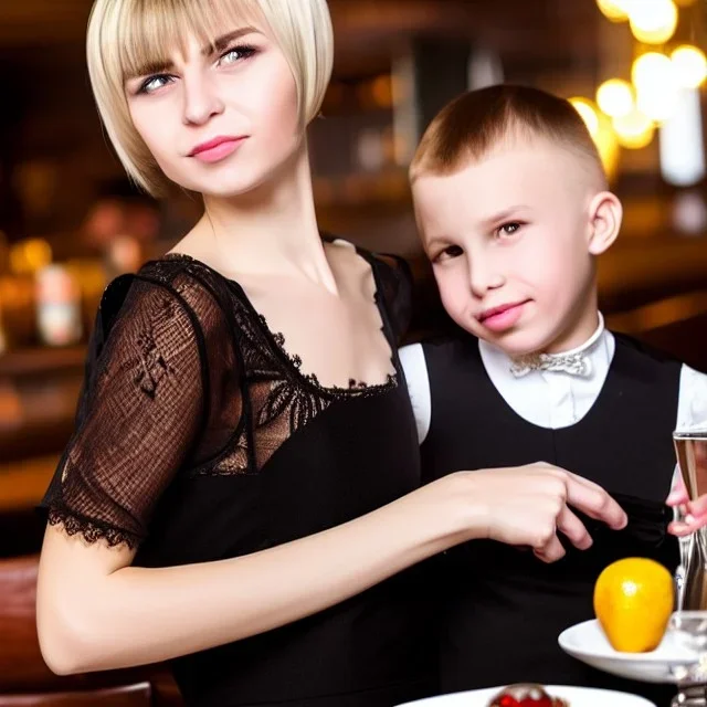 Russian guy boyish boylike short man's haircut boyish features in black girlish lacy cocktail dress as mother in restaurant