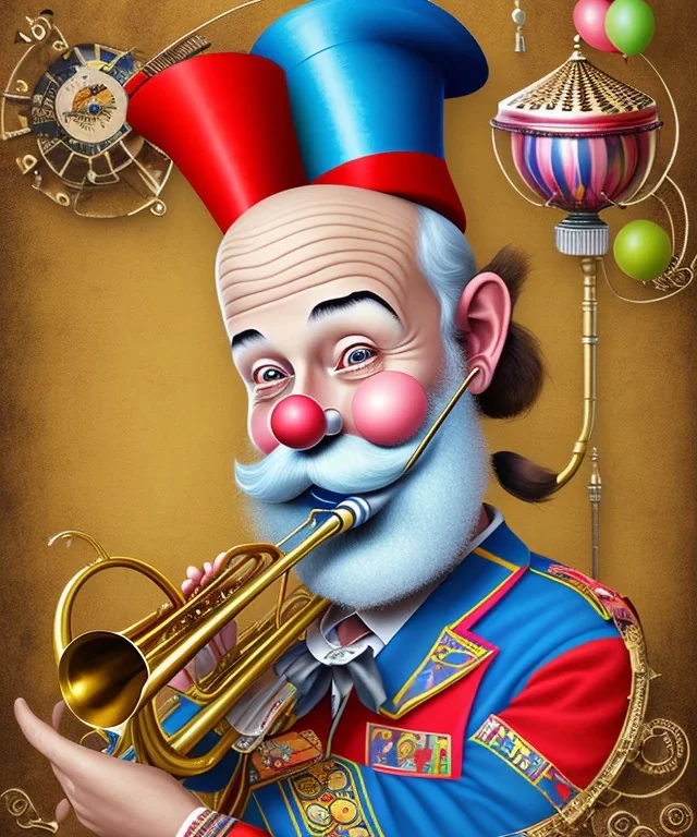 happy and funny old friendly clown with round head and trimmed beard playing jazz with a steampunk theme, trumpet on mouth, paintbrush and aisle, carnival, dreamy