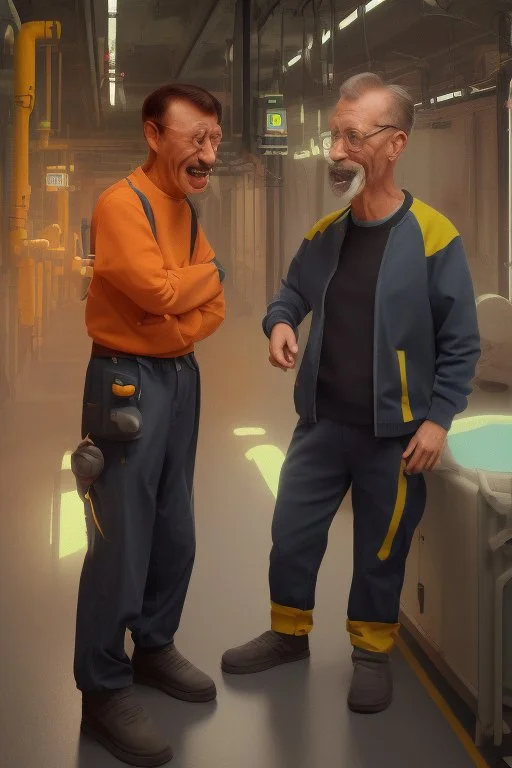 2 men arguing in factory Simon Stalenhag cartoon style