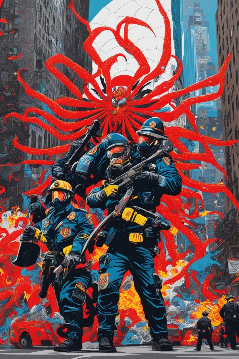 [Tristan Eaton] New York City police officers and firemen fighting giant spiders with axes