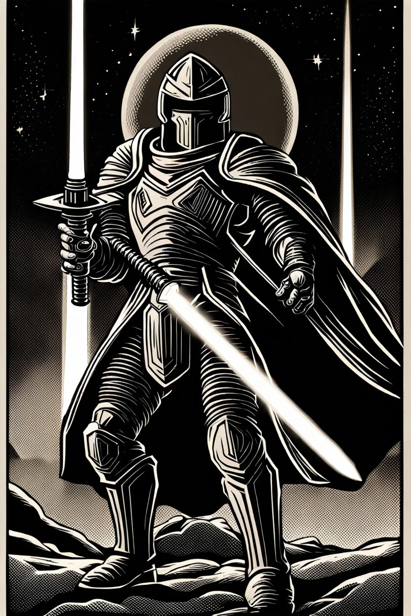 retro fantasy art of a heroic space knight with laser sword