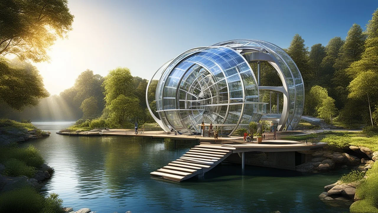 6003. Innovative environmentally-friendly home, solar panels, water wheel in river, alternative energy, scientific experiment, home of the future, fantasy, robotic, automated, spectacular, futuristic, beautiful lighting, attractive composition, photorealistic, extremely detailed, chiaroscuro