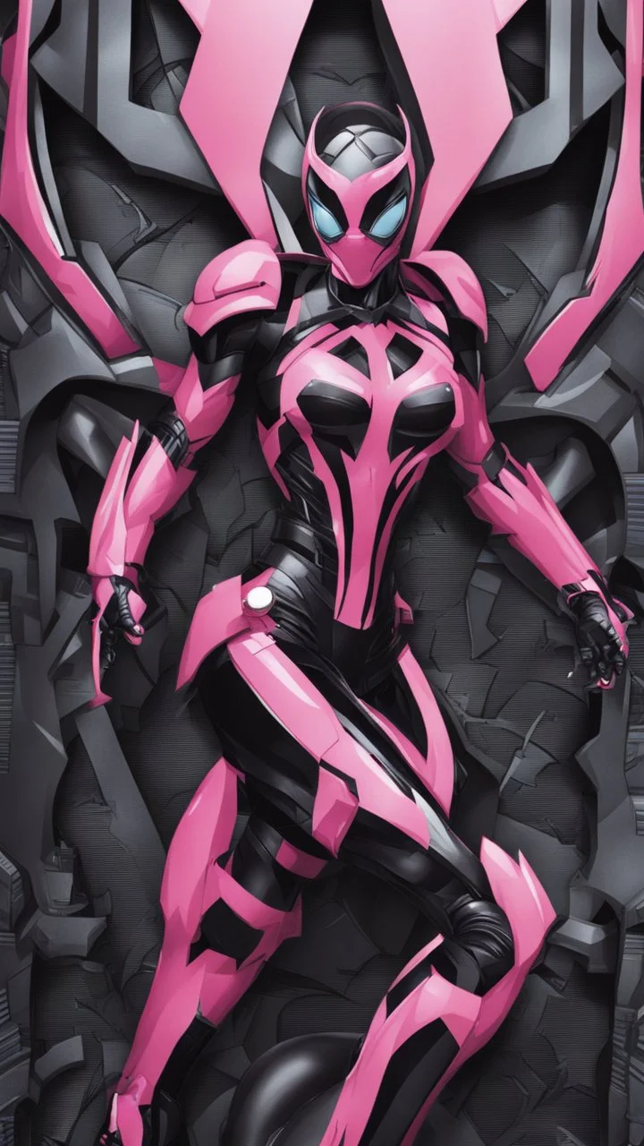 A close picture to Mix between gwenpool and symbiote, symbiote venom with transformers, high details machine, pink and black custom, intricate details, highly detailedin