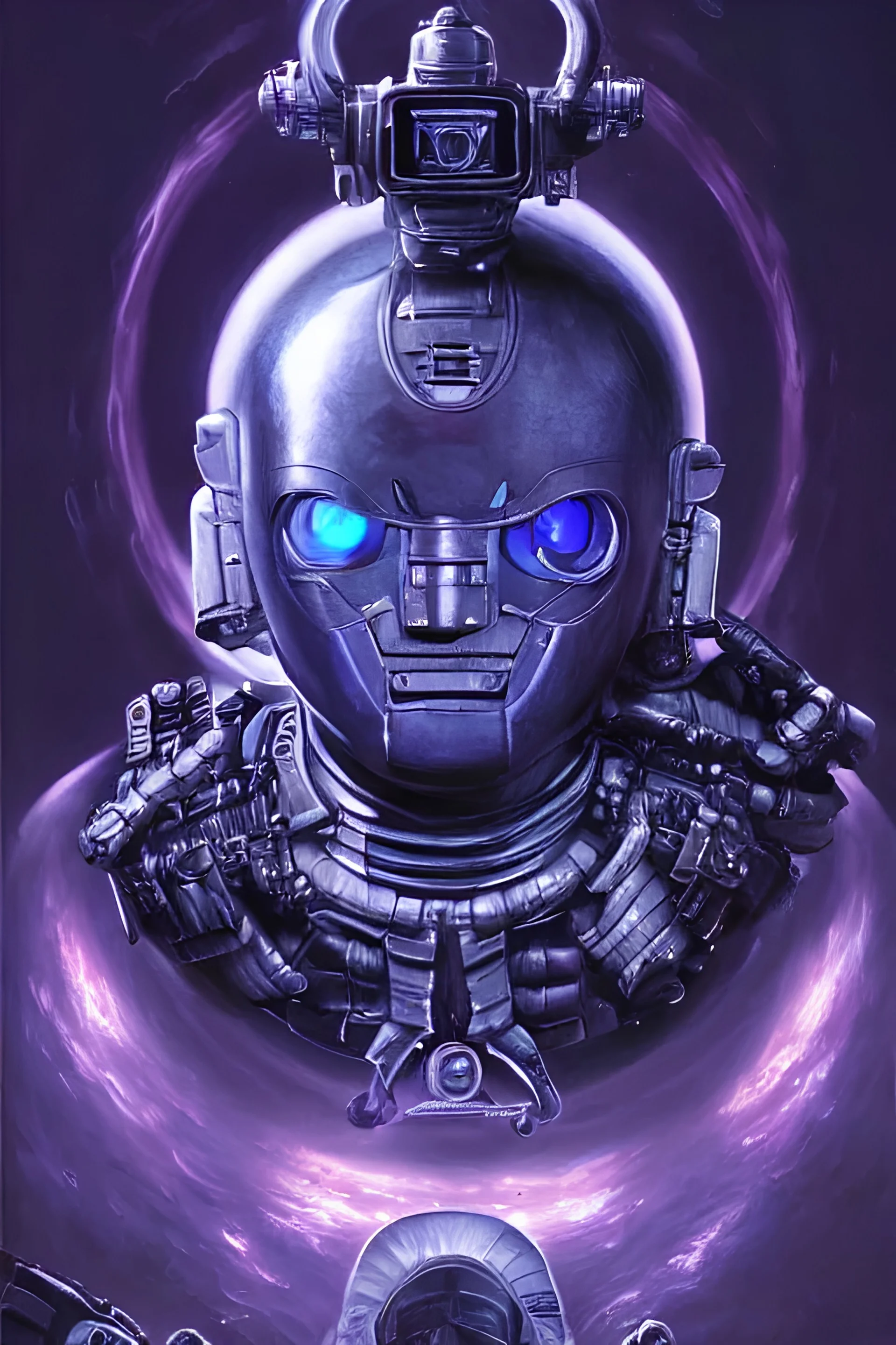 cinematic bust portrait of psychedelic robot from left, head and chest only, exotic alien features, robotic enhancements, desaturated, Tim Hildebrandt, Wayne Barlowe, Bruce Pennington, donato giancola, purple tones, larry elmore, oil on canvas, masterpiece, trending on artstation, featured on pixiv, cinematic composition, dramatic pose, beautiful lighting, sharp, details, hyper-detailed, HD, HDR, 4K, 8K