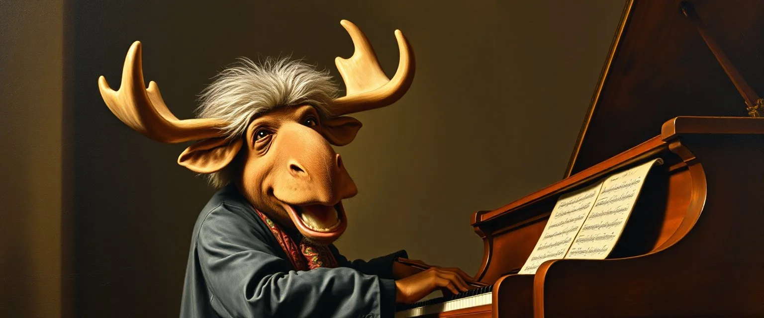 master oil painting by Rembrandt, laughing happy opera mozart moose with a wig, playing big big biggest piano