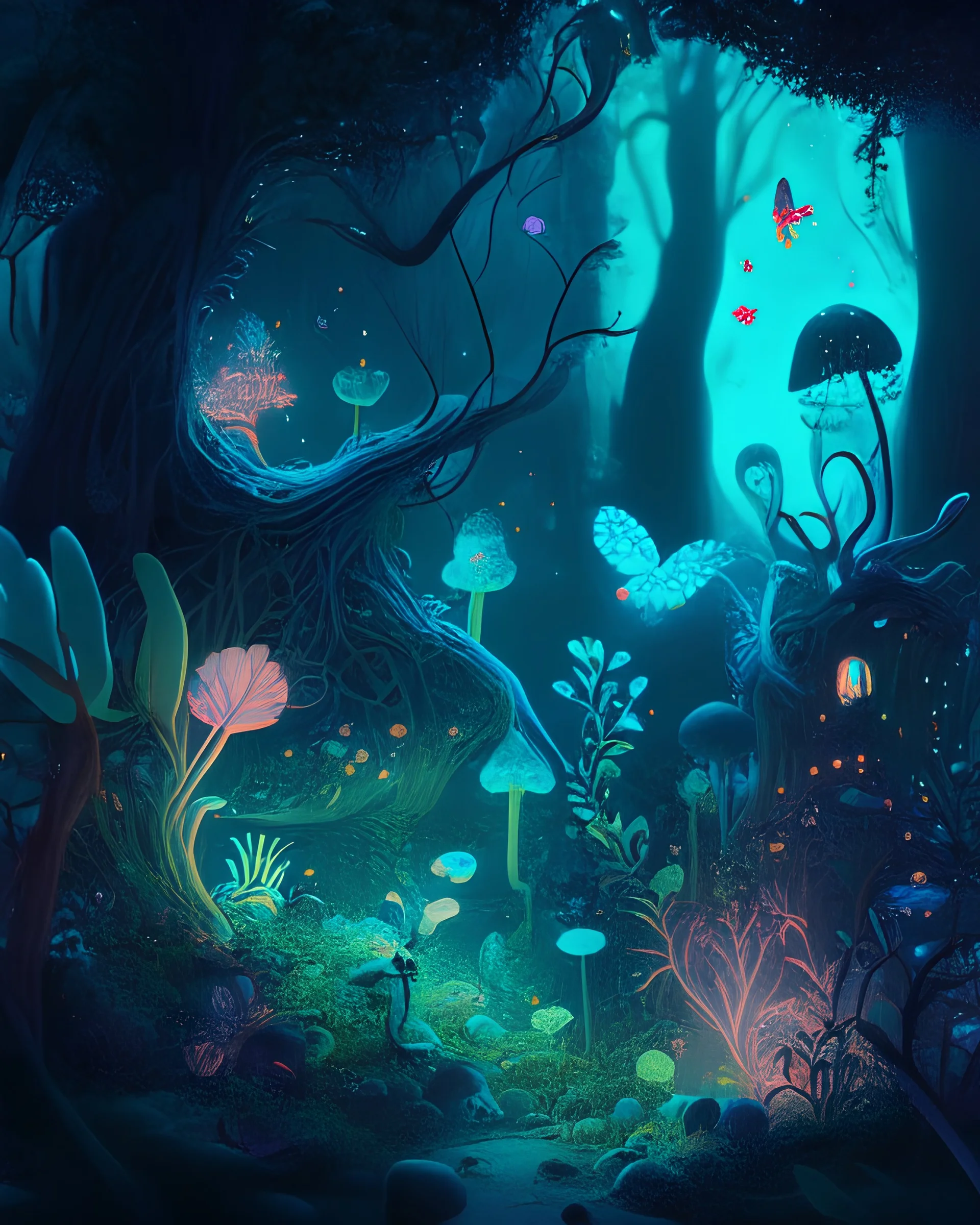 An enchanted forest with bioluminescent plants and whimsical creatures