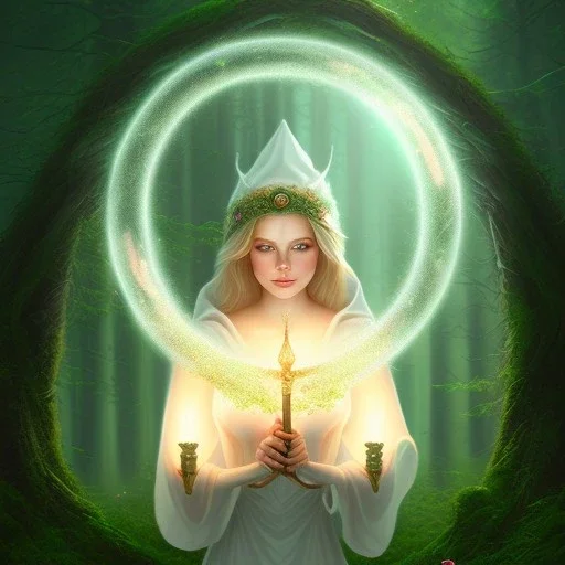 romantic fantasy spray painting, portrait of very cute hooded green eyed blonde robed bard with halo sitting on huge stone, bubbles, tossing torch in magical forest, foliage frame, magic wand