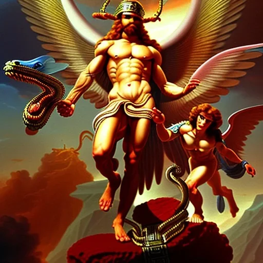 The winged messenger Hermes delivering a message to Zeus but Zeus is a Hydra. Medusa and the Minotaur are fighting in the background. High definition oil painting.