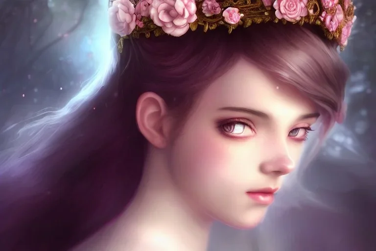 a beautiful cinematic female lolita goddess, young, cute, adorable, flower crown, galatic shamen with quantum energy fantasy, fantasy magic, undercut hairstyle, volumetric lighting, dark night light, intricate, elegant, sharp focus, illustration, highly detailed, digital painting, concept art, matte, art by sam curry