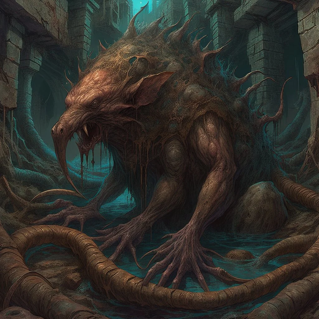 Anguished Sewer rat king abomination with multiple tails flailing, lovecraftian mammal, by Mike Dubisch, by Zdzislaw Beksinski, sinister sewer teeming with rats, hypersurreal fantastical detailed 3D matte painting, deep color, intricate detail, splash screen, complementary colors, fantasy concept art, trending on DeviantArt, Unreal Engine 5, brown, olive green and brown dual color scheme, electric silvery aura and motes, dull yellow backlighting.