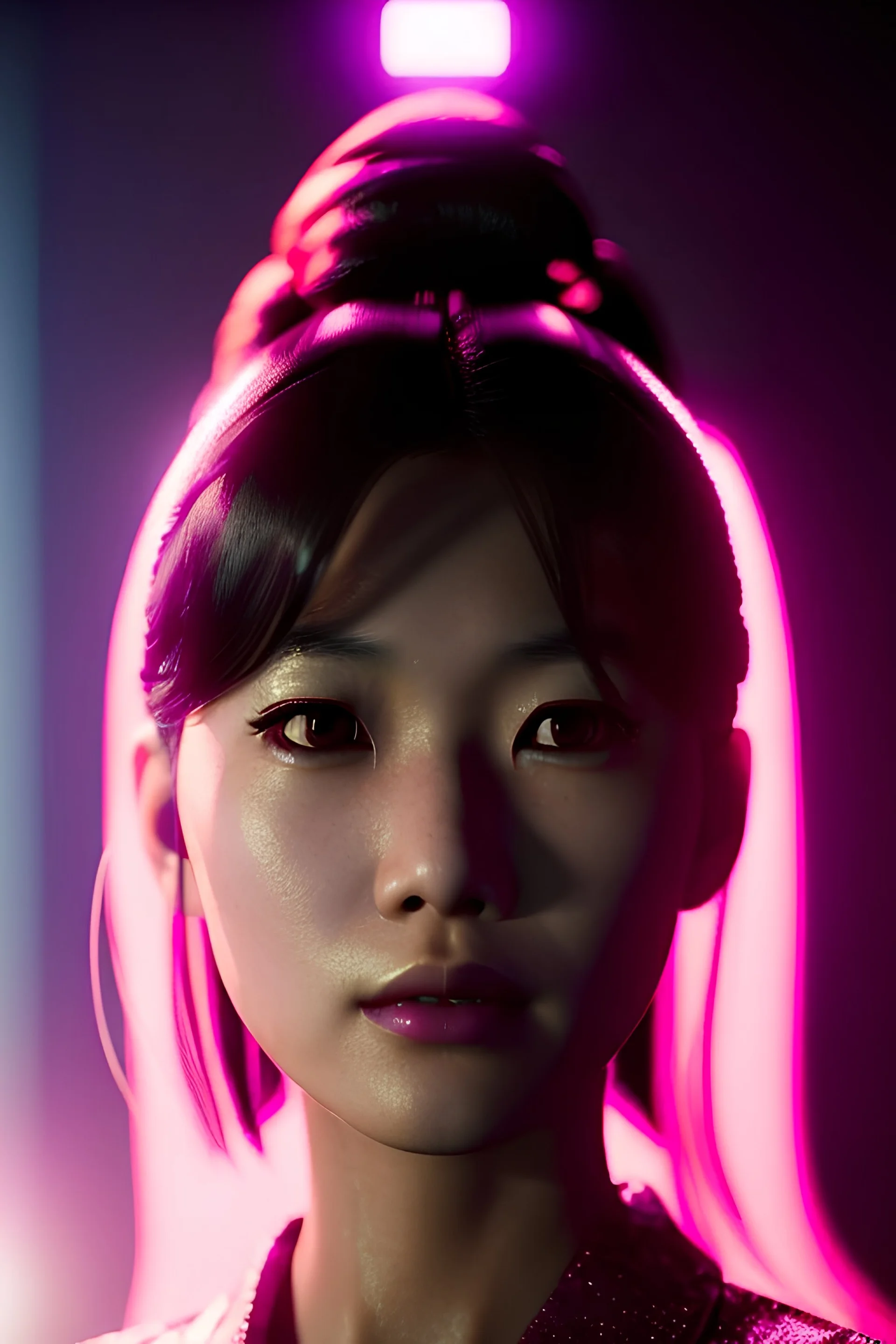 Young asian woman, sci-fi, purplr hair, gold eyes, gold jewelry, elegant hair, retro neon style, a lot of led lights, fog, rain, leather, vibrant color, highly detailed, art stations, concept art, smooth, unreal engine 5, god rays, ray tracing, RTX, lumen lighting, ultra detail, volumetric lighting, 3d, finely drawn, high definition, high resolution.