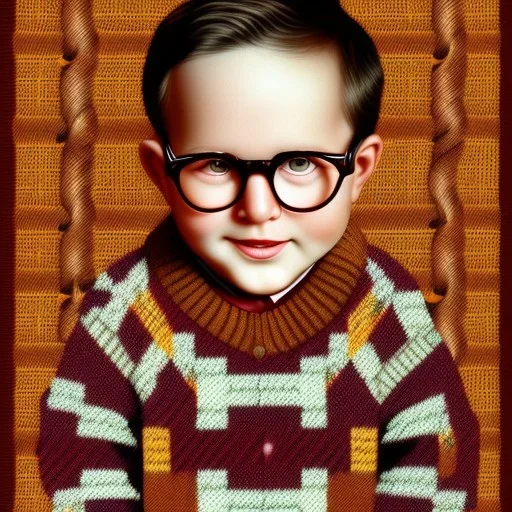 Peter Billingsley chubby kid Tortoise-shell glasses, Holding a ((Dark red wax soap bar)) in his hand, brown argyle sweater