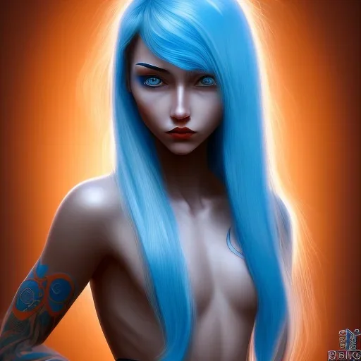 human kingfisher girl with blue hair and orange strand of hair