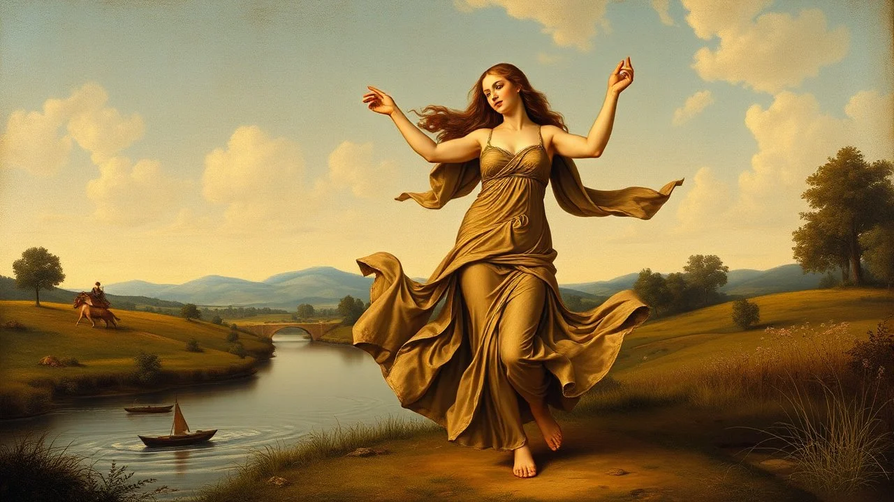 past times Great Leonardo da Vinci 's monalisa is gracefully dancing, in country side with a river