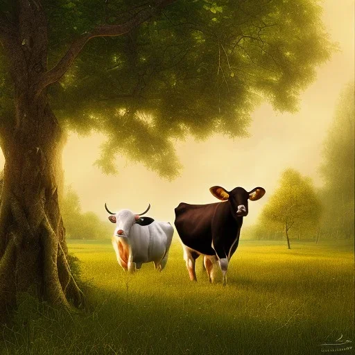 Cows together in the shade of a tree in their pasture, two sitting and one standing.