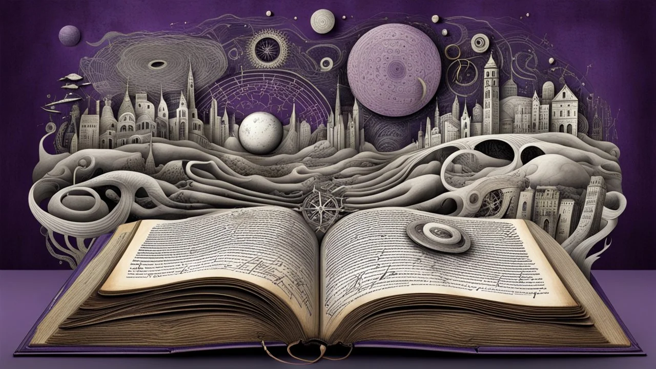 3d, egy kinyitott régi old book, kézírással írva egymás alatti hosszab, és rövidebb sorok, szavak, és listák egymás alatt, de nem olvasható betükkel, human form, circles, lines, compass, around weird whimsical landscape sharp lines, many different size fade pale eyes, hands, building, and amorph shapes, fog, dark purple, gray, black, white, brown. nightmare style of Chagall , of Minjae Lee and Anton Semenov, Bosch, lonely in neurotipical life, neuron network with fog in background, surreal vibe