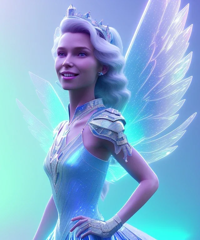 A smiling crystalised queen, atmospheric, realistic, unreal engine, cinematic lighting, octane render. blue, pink, transparency, light, shine,bright, full body, transparent wings, blonde, long hair, nice smile