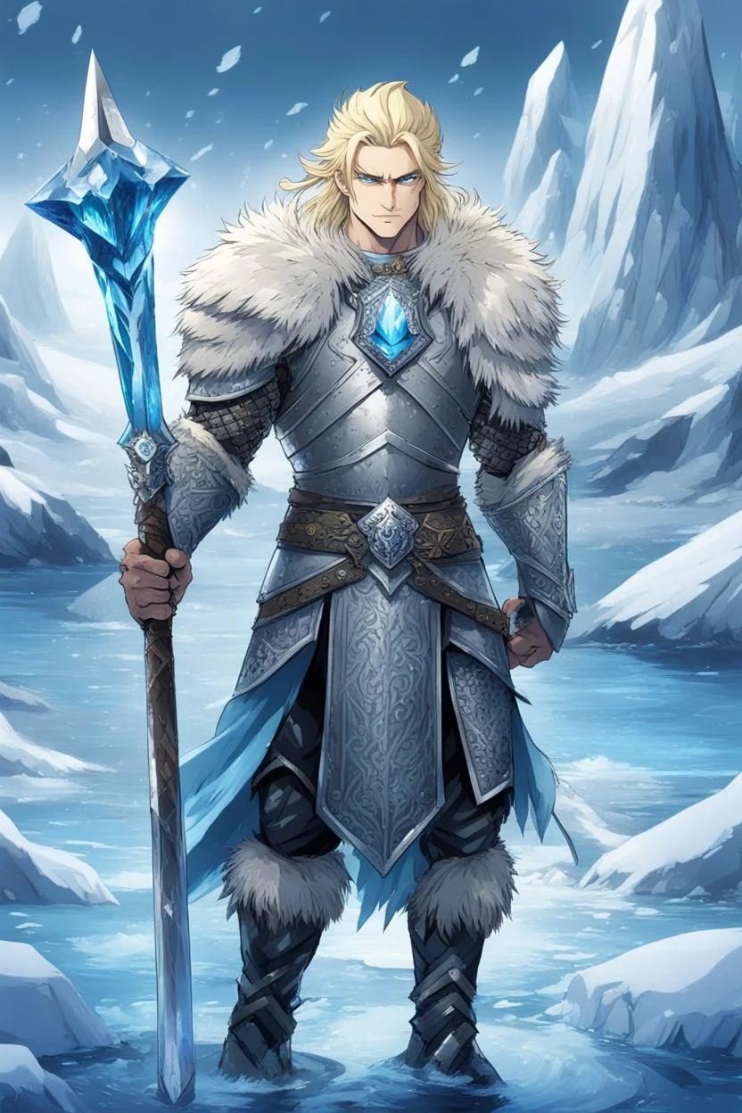 1 anime man. warrior, with blue eyes and blonde hair man in silver Viking armor with fur around the neck with blue crystal on his chest, standing in water in the artic, holding a ice axe, warrior in, anime style