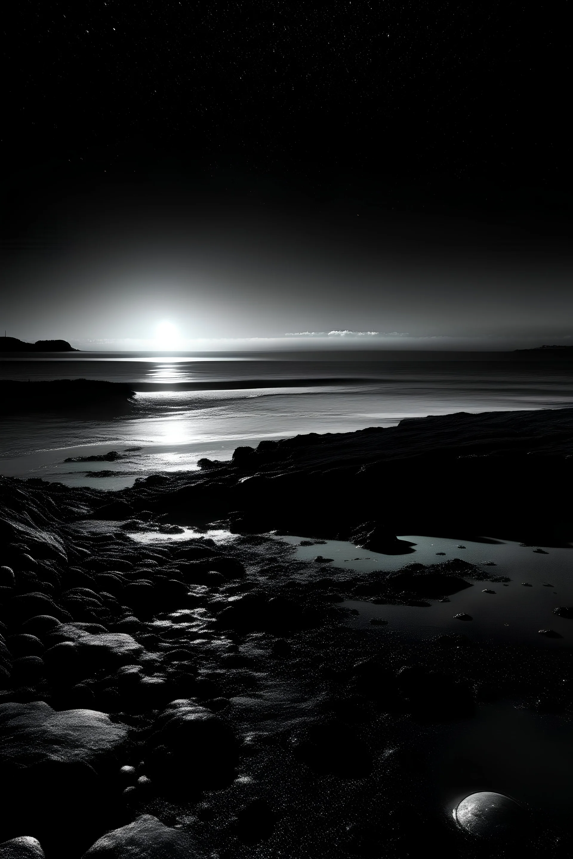 Black and white photography of a ocean seen from far at night. sci fi style